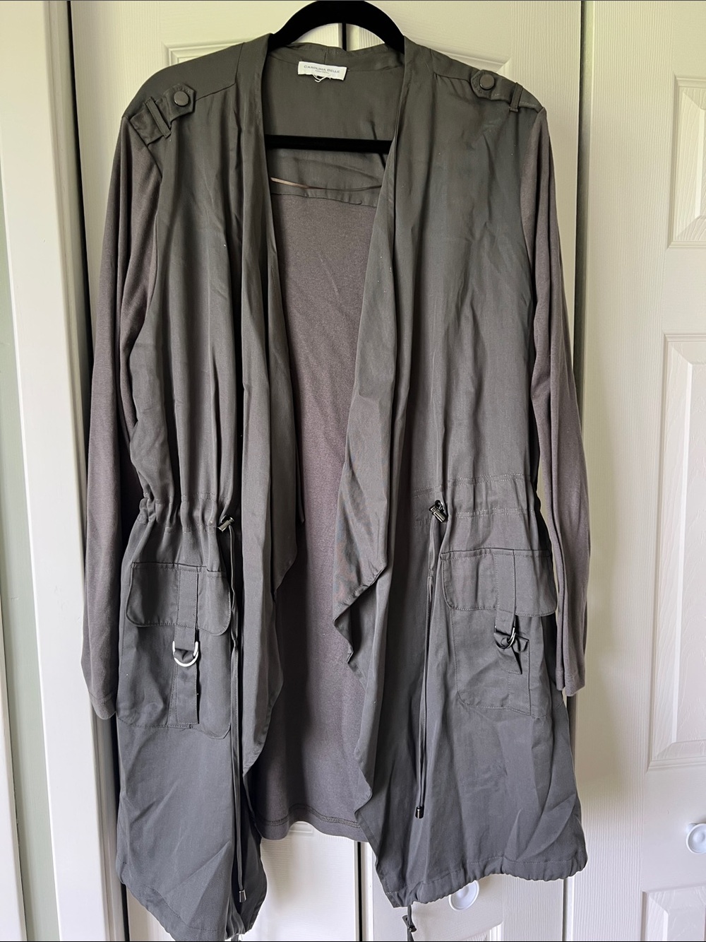 Carolina Belle Grayish/Army Green Jacket with Unique Collar and Drawstrings